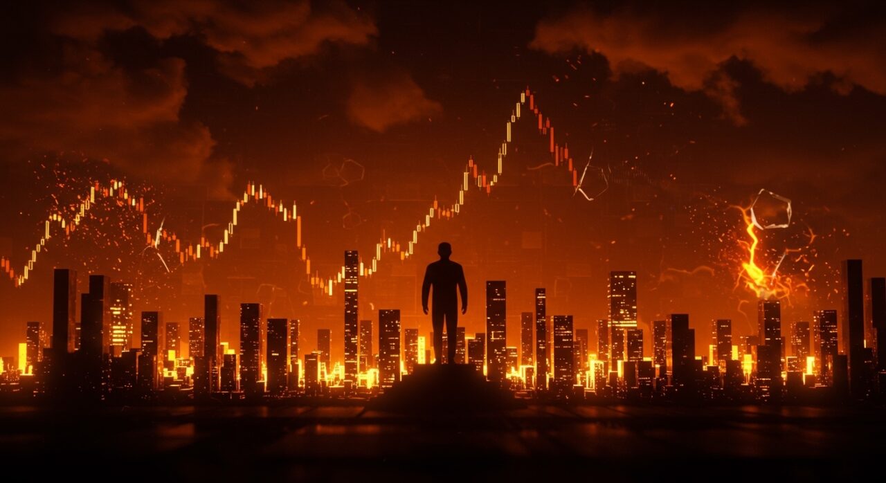 Concentración de riqueza global con figura de élite y metáforas visuales de crash de mercado e inteligencia artificial en contexto económico.