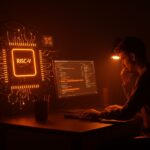 Rendimiento lento del hardware RISC-V en 2026 representado por desarrollador frustrado y símbolos de compilación más lenta en Fedora Linux comparado con ARM.