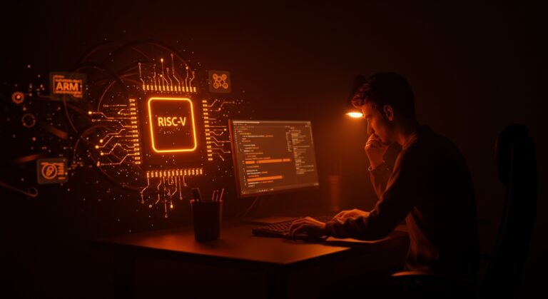 Rendimiento lento del hardware RISC-V en 2026 representado por desarrollador frustrado y símbolos de compilación más lenta en Fedora Linux comparado con ARM.