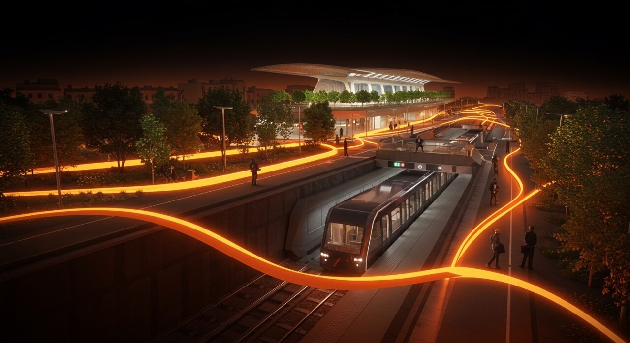 Proyecto urbano en Rivas Vaciamadrid cubriendo la Línea 9B con un parque lineal y nueva estación para transformar la movilidad urbana.