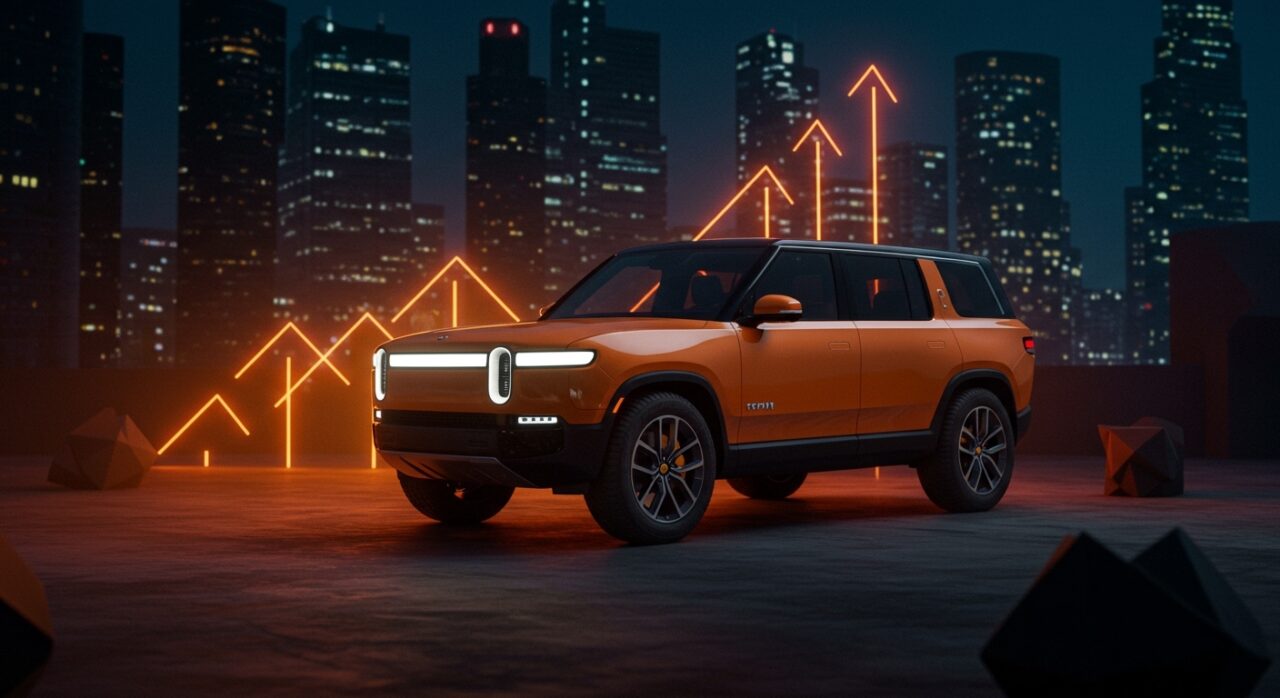 Rivian R2 vehículo eléctrico asequible en entorno futurista, destacando estrategia de lanzamiento y tendencias del mercado EV 2027.
