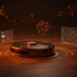Roborock Saros 20 robot aspirador inteligente con IA y control por app en un entorno de hogar automatizado representado con luces naranja y negro.