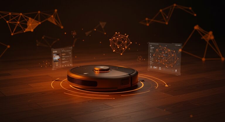 Roborock Saros 20 robot aspirador inteligente con IA y control por app en un entorno de hogar automatizado representado con luces naranja y negro.