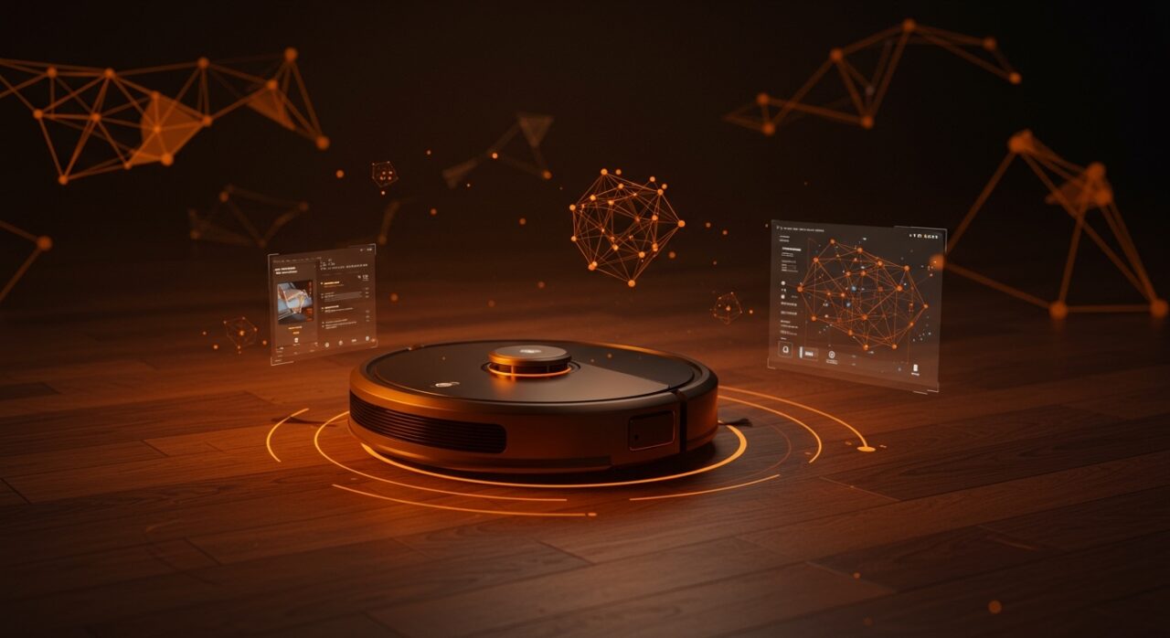 Roborock Saros 20 robot aspirador inteligente con IA y control por app en un entorno de hogar automatizado representado con luces naranja y negro.