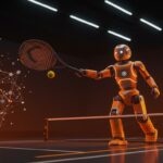 Robot Unitree G1 jugando tenis en un entorno futurista, mostrando inteligencia artificial y aprendizaje por refuerzo en robótica avanzada.