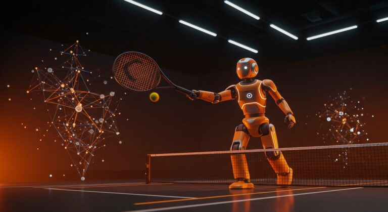 Robot Unitree G1 jugando tenis en un entorno futurista, mostrando inteligencia artificial y aprendizaje por refuerzo en robótica avanzada.