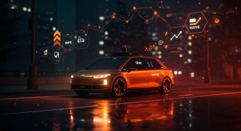 Robotaxi autónomo de Uber, Wayve y Nissan circulando en Tokio, representando movilidad inteligente y alianzas tecnológicas en Asia.