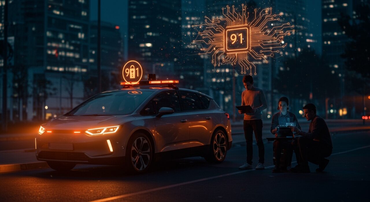 Robotaxi llamando al 911 representando desafíos en movilidad autónoma y tecnología para startups.