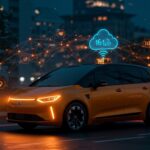 Robotaxi autónomo en ciudad futurista con apoyo remoto digital, destacando la transparencia y movilidad en startups tecnológicas.