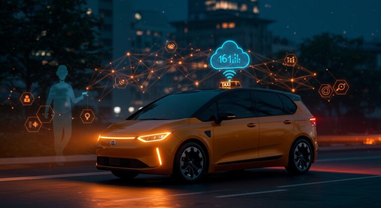 Robotaxi autónomo en ciudad futurista con apoyo remoto digital, destacando la transparencia y movilidad en startups tecnológicas.