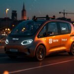 Robotaxi futurista en las calles de Zagreb representando movilidad autónoma y tecnología innovadora de Verne, Uber y Pony.ai en Europa.