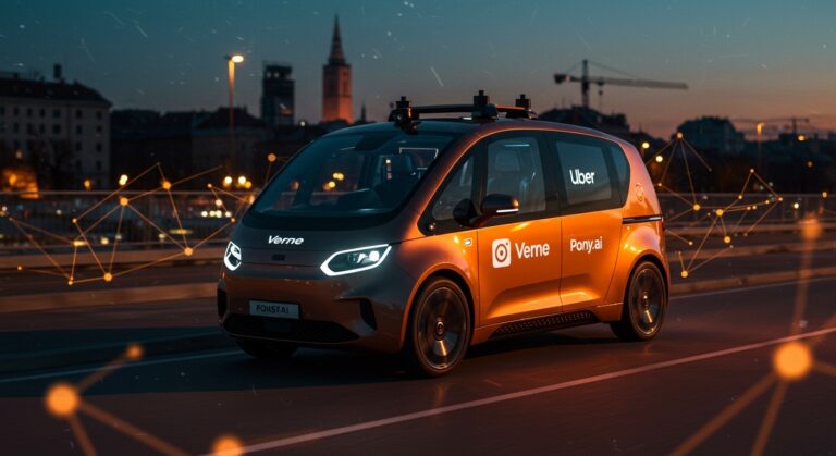 Robotaxi futurista en las calles de Zagreb representando movilidad autónoma y tecnología innovadora de Verne, Uber y Pony.ai en Europa.