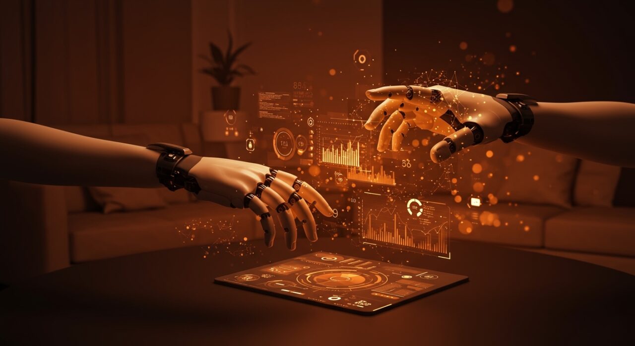 Guantes robóticos interactuando con datos reales en un entorno doméstico digital, representando la robótica doméstica con inteligencia artificial.