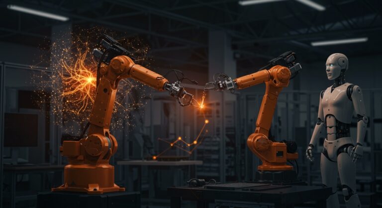 Robótica industrial colaborativa impulsada por inteligencia artificial optimizando productividad y automatización flexible en startups.