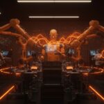 Robots autónomos en fábrica con inteligencia artificial representando la automatización industrial y la industria 4.0 liderada por Noble Machines.