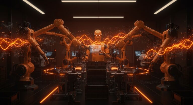 Robots autónomos en fábrica con inteligencia artificial representando la automatización industrial y la industria 4.0 liderada por Noble Machines.