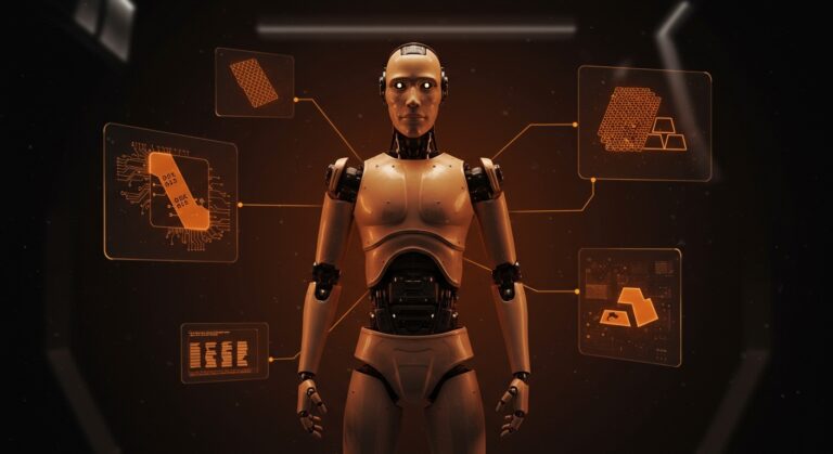 Robot humanoide avanzado rodeado de elementos tecnológicos y metálicos, destacando el boom de robots humanoides y la inversión en automatización y tecnología.