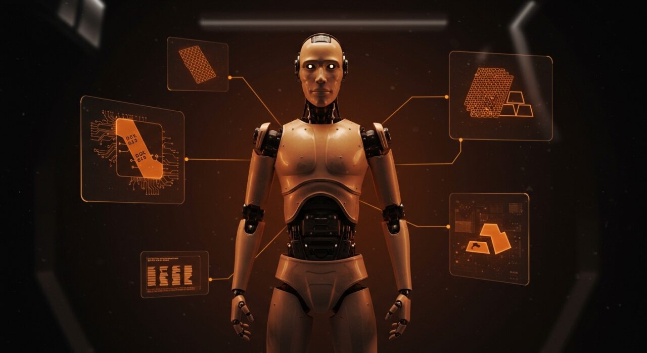 Robot humanoide avanzado rodeado de elementos tecnológicos y metálicos, destacando el boom de robots humanoides y la inversión en automatización y tecnología.