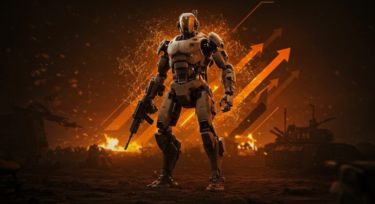 Robot humanoide Phantom para uso militar destacado en un entorno bélico, representando innovación en robótica militar y automatización en defensa.