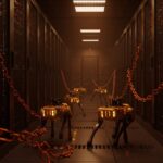 Perros robot de Boston Dynamics y Ghost Robotics patrullando centros de datos, destacando la automatización y vigilancia con inteligencia artificial.