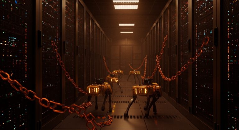 Perros robot de Boston Dynamics y Ghost Robotics patrullando centros de datos, destacando la automatización y vigilancia con inteligencia artificial.