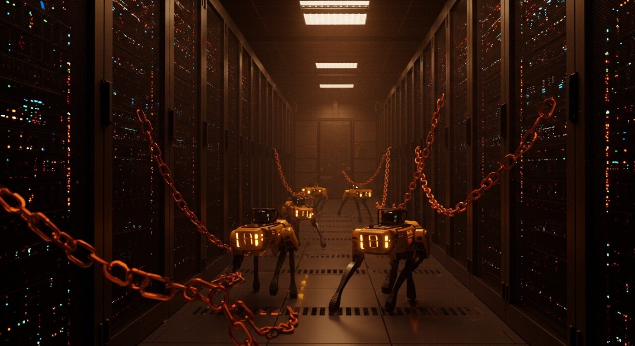 Perros robot de Boston Dynamics y Ghost Robotics patrullando centros de datos, destacando la automatización y vigilancia con inteligencia artificial.