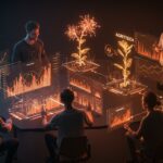 Rondas de financiación en startups europeas destacando IA y agritech con visualización de datos y metáforas de inversión de venture capital.