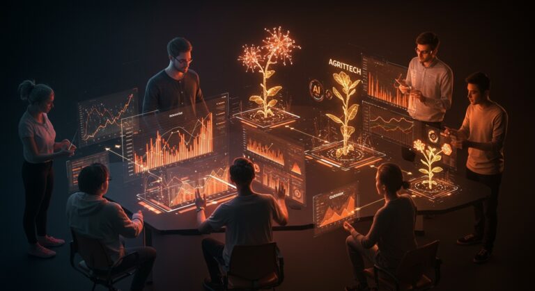 Rondas de financiación en startups europeas destacando IA y agritech con visualización de datos y metáforas de inversión de venture capital.