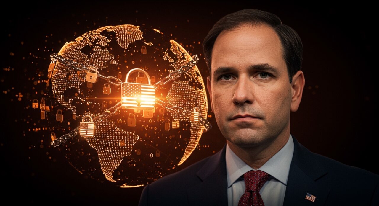 Marco Rubio con un fondo digital que representa la soberanía digital y la contradicción de políticas estadounidenses en la localización de datos.