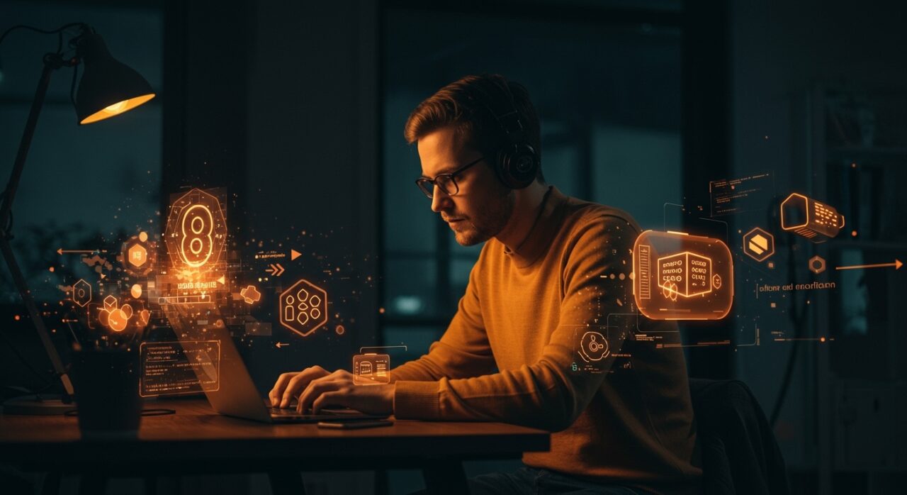 Desarrollador técnico utilizando Ruby on Rails 8 en un entorno de startup moderno, destacando las tendencias tecnológicas en backend y despliegue con contenedores en 2026.