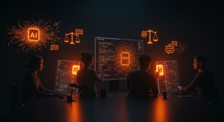 Colaboración de desarrolladores Rust en inteligencia artificial, resaltando debates éticos y herramientas open source en desarrollo de software.