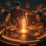 Grupo de startups tecnológicas seleccionadas para Medellín Next 2026 colaborando en ambiente innovador con símbolos de escalamiento e inversión en el ecosistema de Ruta N.