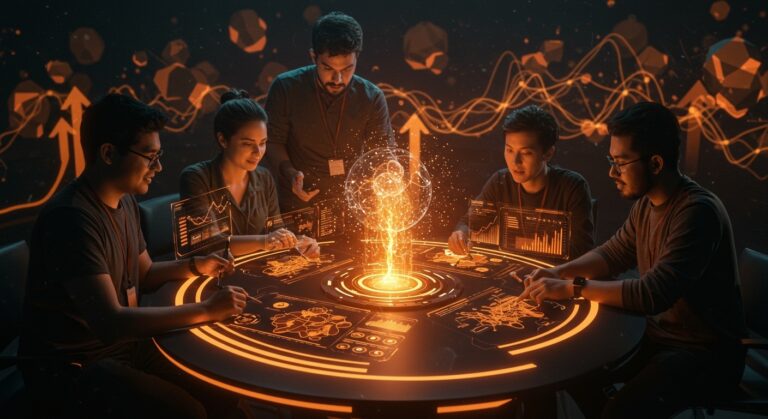 Grupo de startups tecnológicas seleccionadas para Medellín Next 2026 colaborando en ambiente innovador con símbolos de escalamiento e inversión en el ecosistema de Ruta N.