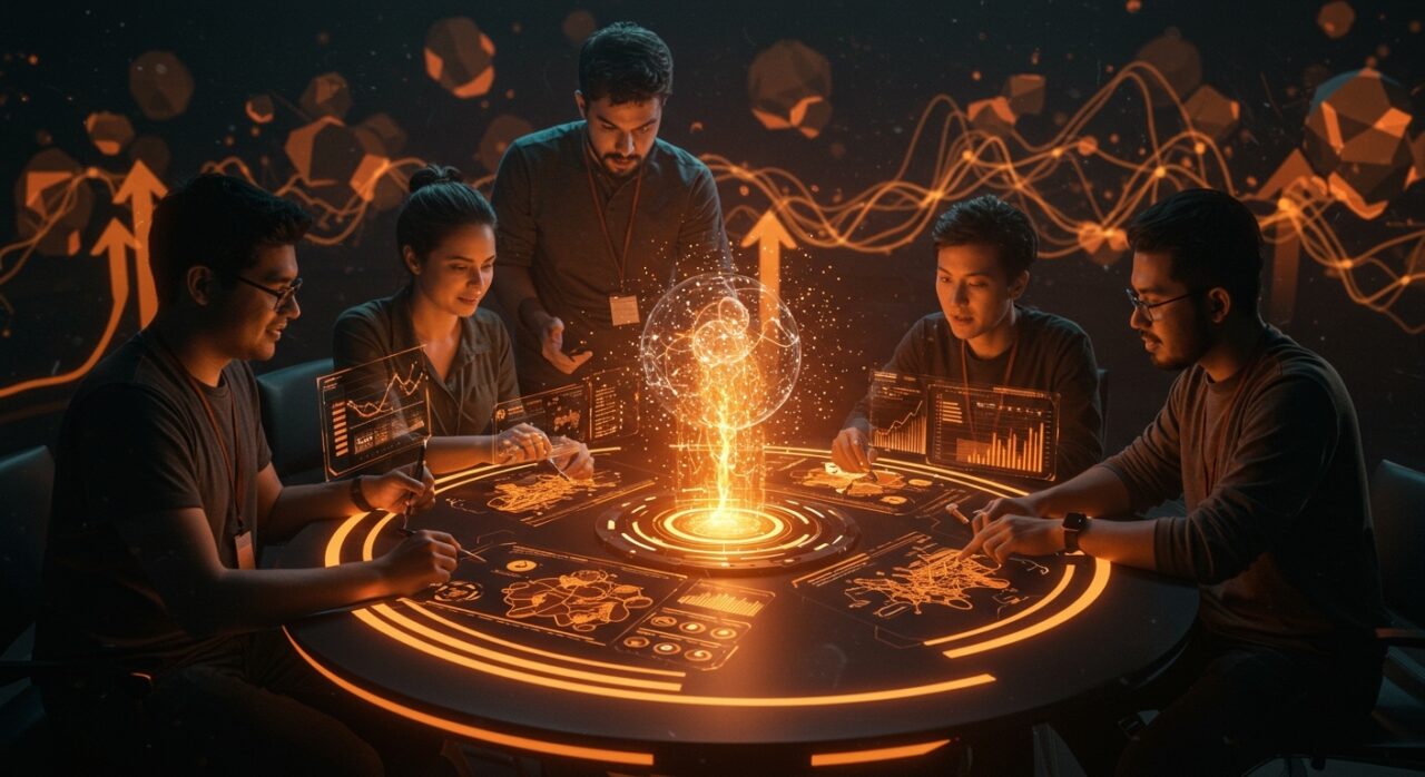 Grupo de startups tecnológicas seleccionadas para Medellín Next 2026 colaborando en ambiente innovador con símbolos de escalamiento e inversión en el ecosistema de Ruta N.