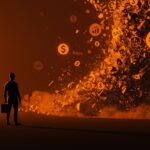 Ilustración de la crisis SaaS tradicional con fundador tech ante tormenta digital y redes de IA generativa en colores naranja y negro.