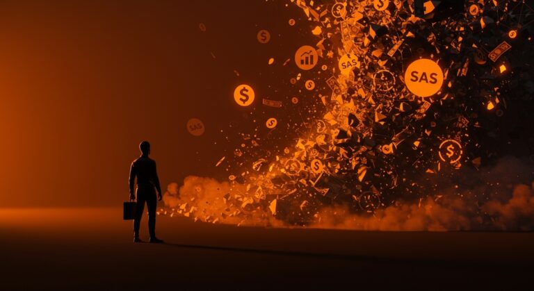 Ilustración de la crisis SaaS tradicional con fundador tech ante tormenta digital y redes de IA generativa en colores naranja y negro.