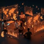 Gráfico digital mostrando brechas del salario mínimo en Europa con emprendedores colaborando para escalar equipos internacionales en startups.