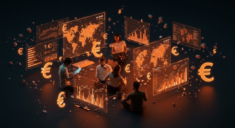 Gráfico digital mostrando brechas del salario mínimo en Europa con emprendedores colaborando para escalar equipos internacionales en startups.