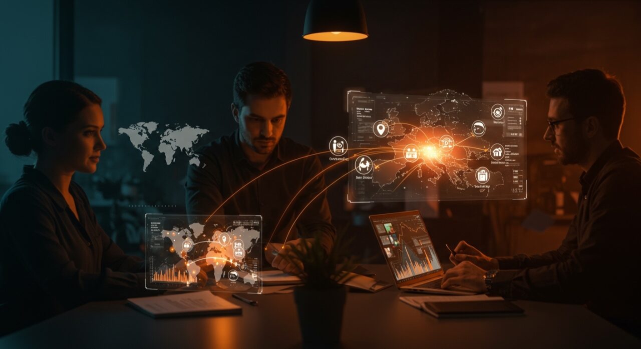 Fundadores de startup foodtech colaborando en digitalización y financiación de la cadena de suministro de restaurantes en Europa.