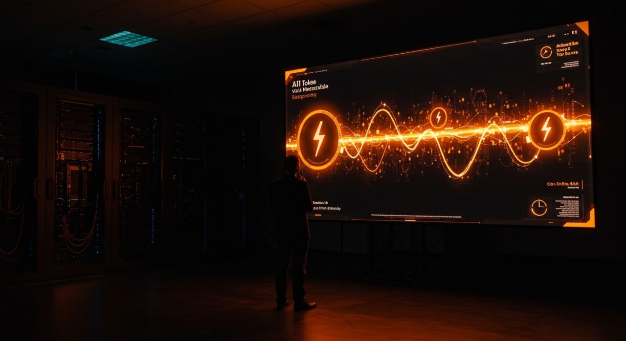 Sam Altman conceptualizando la monetización de inteligencia artificial mediante tokens consumidos como electricidad, en un entorno digital futurista con paleta naranja y negra.