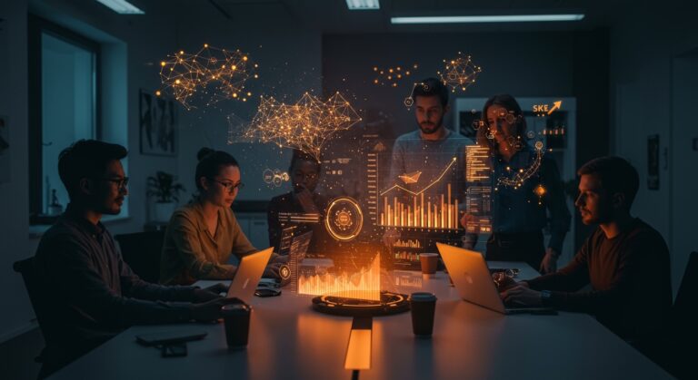 Fondo de inversión Samaipata lanzando €110M para startups AI-native en Europa con visualización de redes neuronales y colaboración emprendedora.