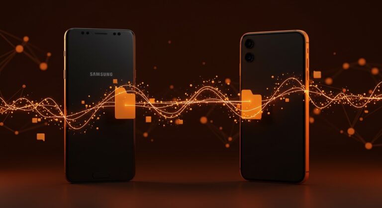 Samsung Galaxy compatible con AirDrop y Quick Share mostrando interoperabilidad móvil y colaboración cross-platform.