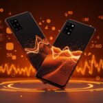 Samsung Galaxy A57 y A37 en primer plano con pantallas AMOLED y símbolos de inteligencia artificial y tecnología 5G en un estilizado fondo naranja y negro.