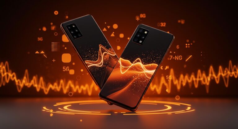 Samsung Galaxy A57 y A37 en primer plano con pantallas AMOLED y símbolos de inteligencia artificial y tecnología 5G en un estilizado fondo naranja y negro.