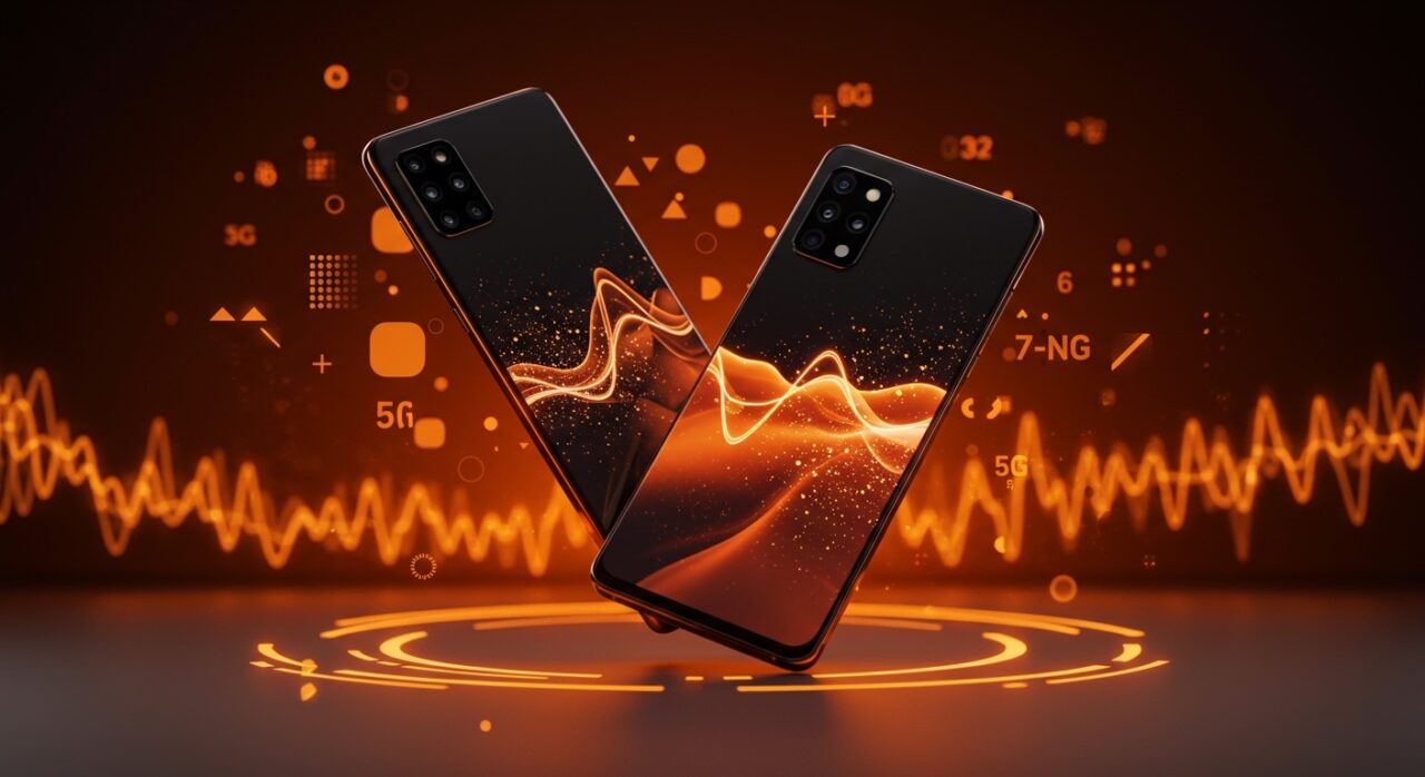 Samsung Galaxy A57 y A37 en primer plano con pantallas AMOLED y símbolos de inteligencia artificial y tecnología 5G en un estilizado fondo naranja y negro.