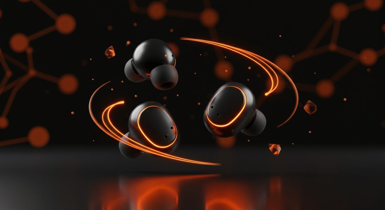 Samsung Galaxy Buds 4 Pro destacados con iluminación naranja y negra, mostrando auriculares TWS con cancelación de ruido e integración en ecosistema tecnológico.