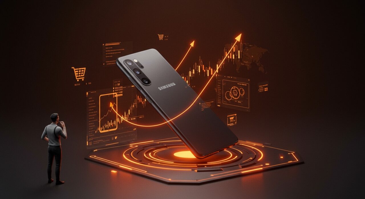Samsung Galaxy S25 destacado en un escenario tecnológico con representaciones visuales de tendencias de mercado y precio para founders estratégicos.