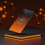 Samsung Galaxy S26 móvil compacto con IA integrada y hardware avanzado en fondo naranja y negro estilo Ecosistema Startup.