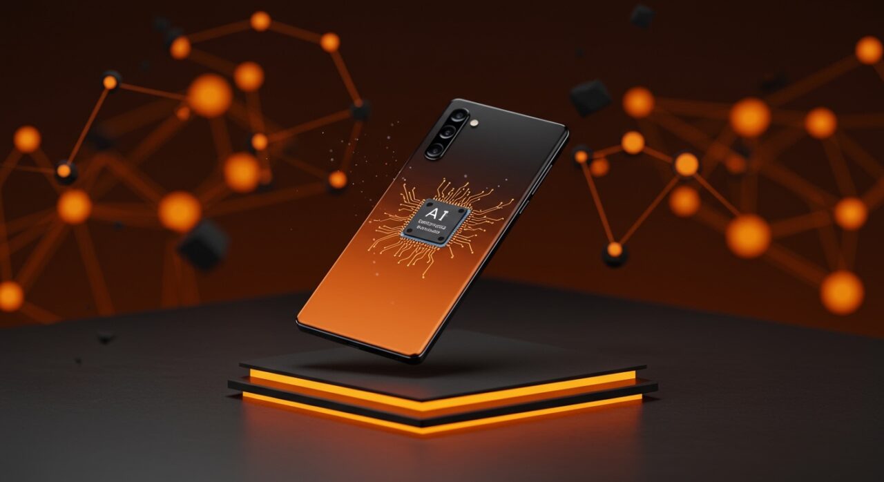 Samsung Galaxy S26 móvil compacto con IA integrada y hardware avanzado en fondo naranja y negro estilo Ecosistema Startup.