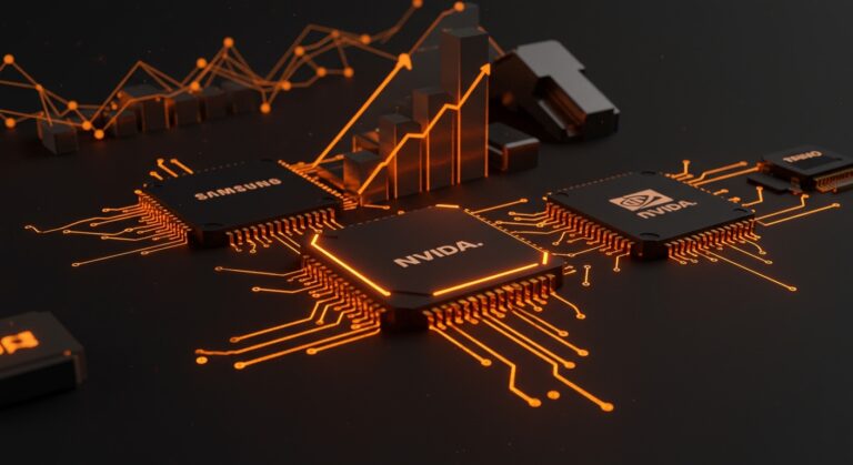 Imagen editorial de chips IA de Samsung, NVIDIA y AMD con visuales abstractos que reflejan la reconfiguración del mercado de inteligencia artificial y memoria HBM4.